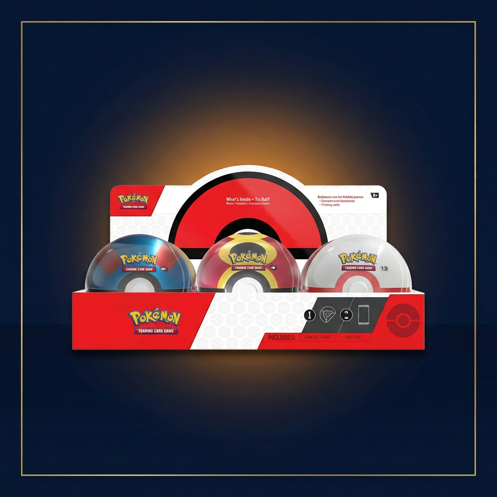 Pokéball Tin Set 2025 – gestalterisch bearbeitete Displayansicht im Navy-Gold-Stil