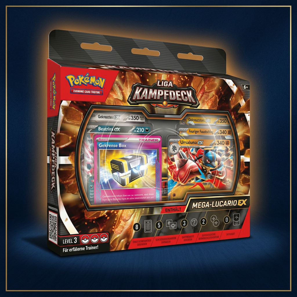 Mega-Lucario-ex Liga-Kampfdeck Deutsch, linke Ansicht im Cardini-Stil