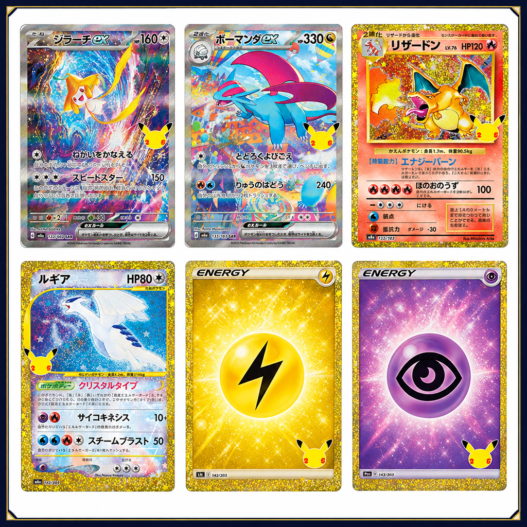 Neue Sechser-Collage mit Jirachi-ex, Brutalanda-ex, Glurak, Lugia sowie Elektro- und Psycho-Energie
