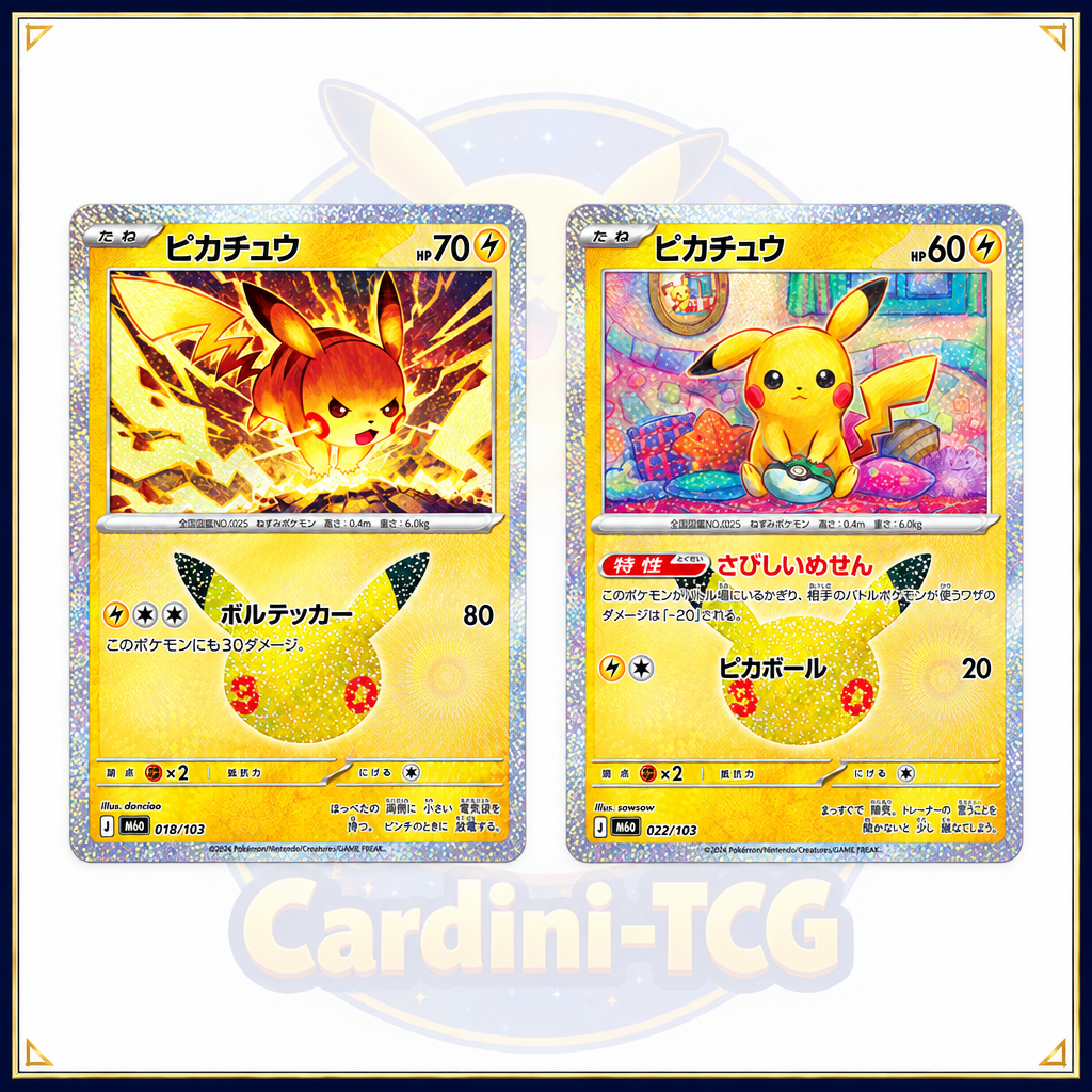 Zwei unterschiedliche Pikachu-Karten mit Cardini-Logo im Hintergrund