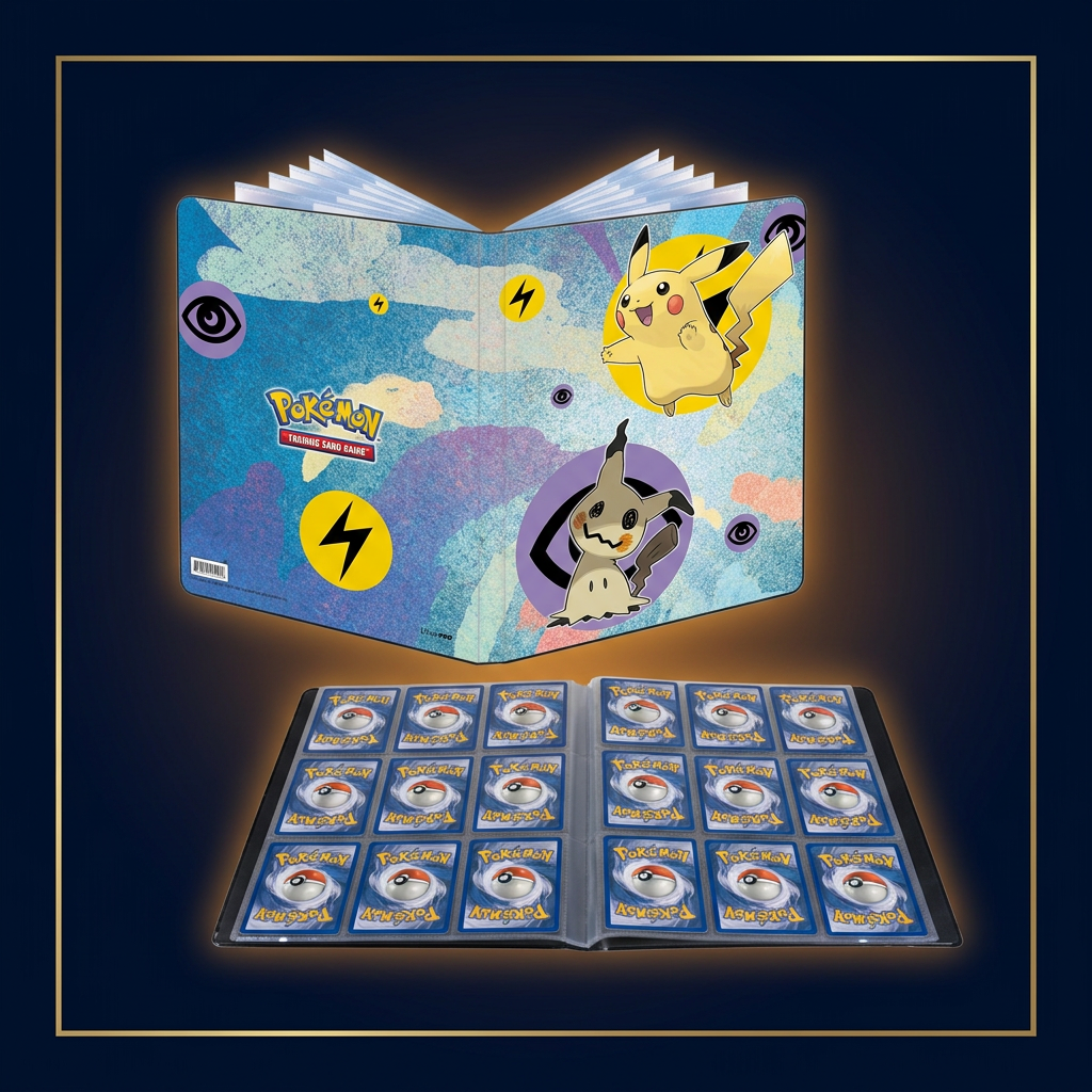 Ultra Pro Pikachu und Mimikyu Sammelalbum mit Innenansicht – Cardini Navy-Gold