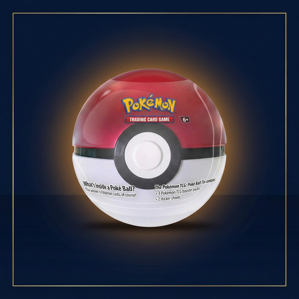 Pokéball Tin – bearbeitete Navy-Gold-Ansicht mit englischer Referenzbeschriftung
