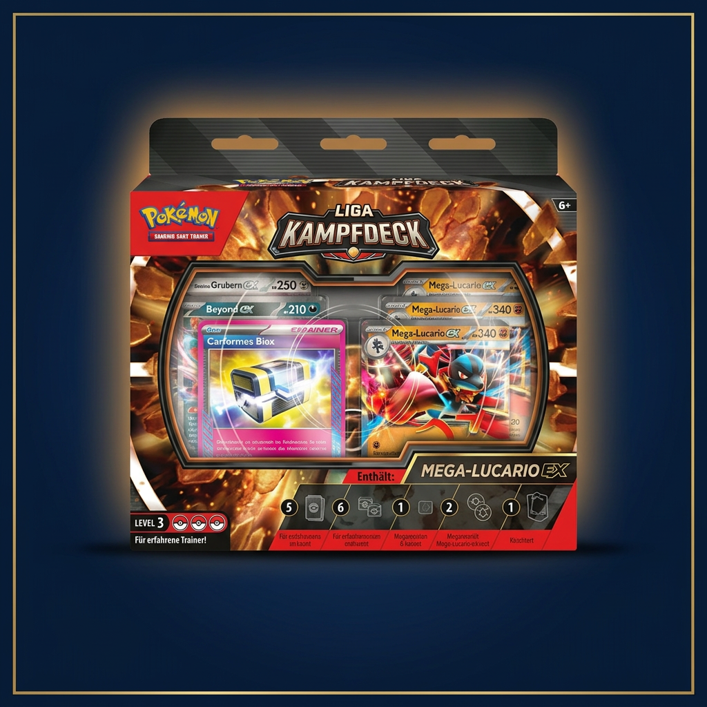 Mega-Lucario-ex Liga-Kampfdeck Deutsch, Vorderansicht im Cardini-Stil